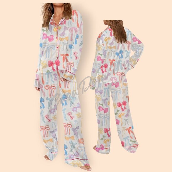 Other - Soft Silky Oversized Pastel Bows Ribbona Wide Leg PJs 2 pc Set